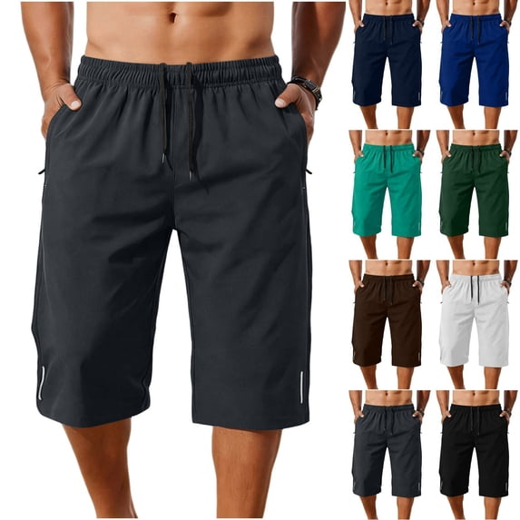 CIAKGIAF Capris for Men Casual Drawstring, Elastic Waist with Pockets Sporty 7/8 Length Pants Black L