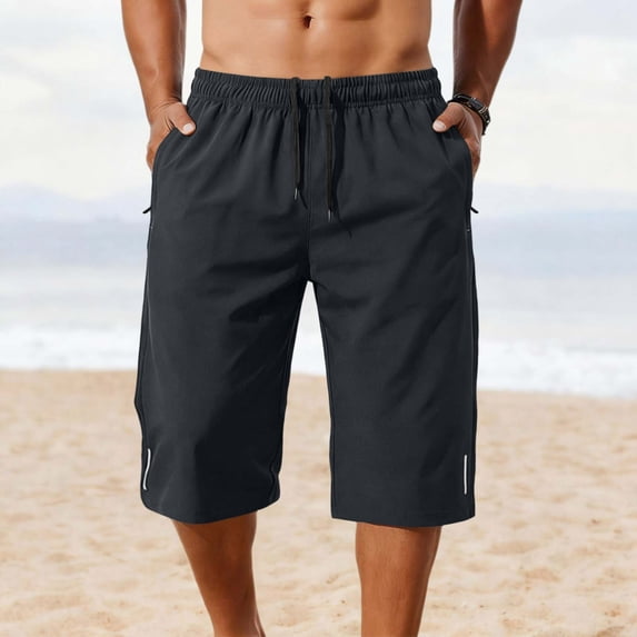 CIAKGIAF Capris for Men Casual Drawstring, Elastic Waist with Pockets Sporty 7/8 Length Pants Gray L