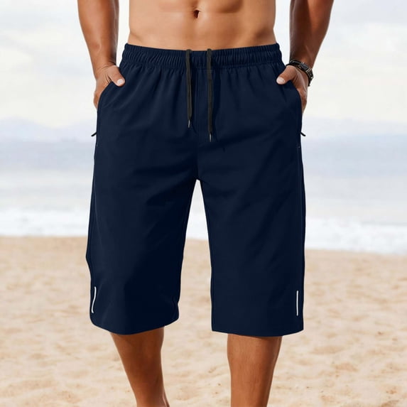 CIAKGIAF Capris for Men Elastic Waist with Pockets, Sporty Casual Drawstring 7/8 Length Pants Navy M