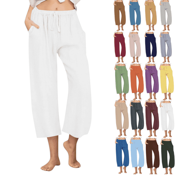 Juslio Capris for Women Elastic Waist Drawstring Wide Leg Capris Loose Linen Capris