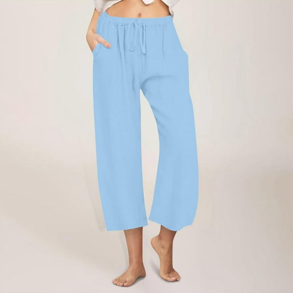 Juslio Cargo Pants Linen Pants Women Ladies Capris Linen With Pockets Solid Color Drawstring Elastic Waist Casual Beach