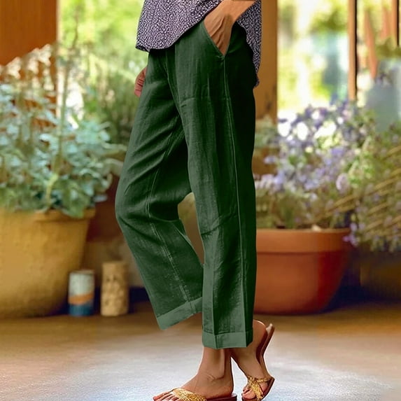 Juslio Plus Size Pants Linen Pants Women Straight Leg With Pockets Solid Color Drawstring Elastic Waist Casual Linen Beach