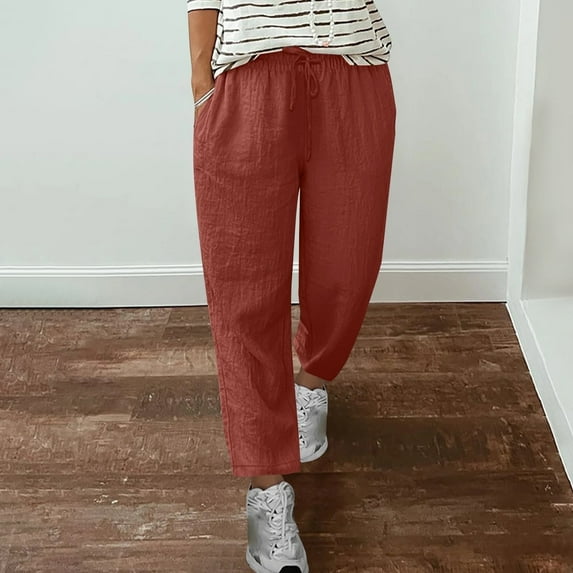 Juslio Plus Size Pants Linen Pants Women Straight Leg Work With Pockets Solid Color Drawstring Elastic Waist Casual Beach