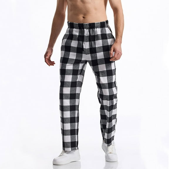 Juslio Cargo Pants for Men Sweatpants Casual Fashion Elastic Waist Plaid Fabric Trousers Elastic Straight White