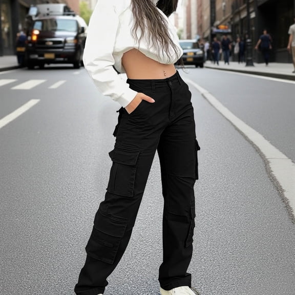 Juslio Cargo Pants for Women Cargo Pants Elastic Bottom Button Comfortable Elastic Waist with Pockets Straight Pants