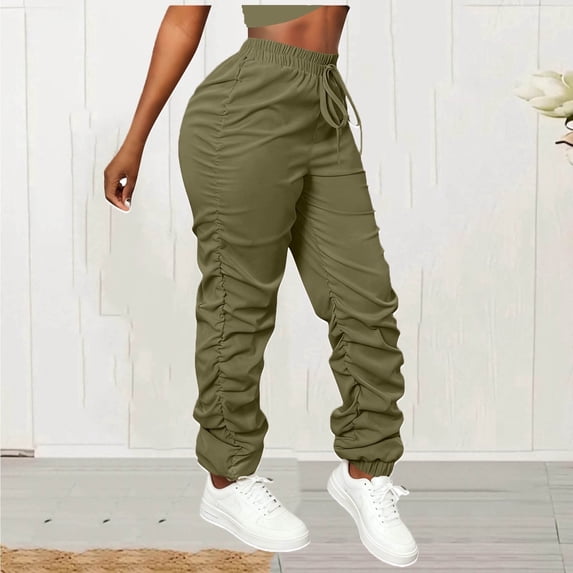 Juslio Cargo Pants for Women Casual Ruched Bottom Cargo Pants Comfortable High Waist High Elastic Straight Pants