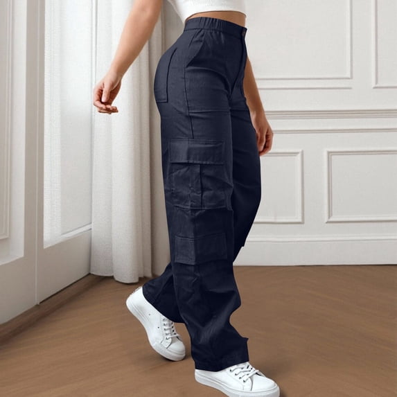 Juslio Cargo Pants for Women Comfortable Zipper Button High Waist High Elastic with Pockets Cargo Pants Straight Pants