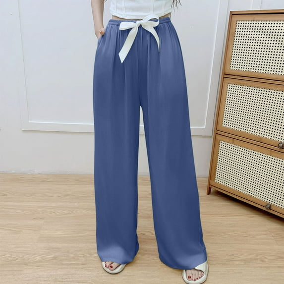 Juslio Cotton Pants Women Cotton with Pockets High Waist Casual Elastic Waist Wide Leg Pants Free Size