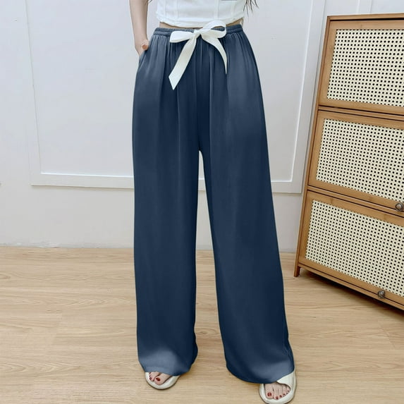 Juslio Cotton Pants Women Elastic Waist with Pockets Cotton High Waist Casual Wide Leg Pants Free Size