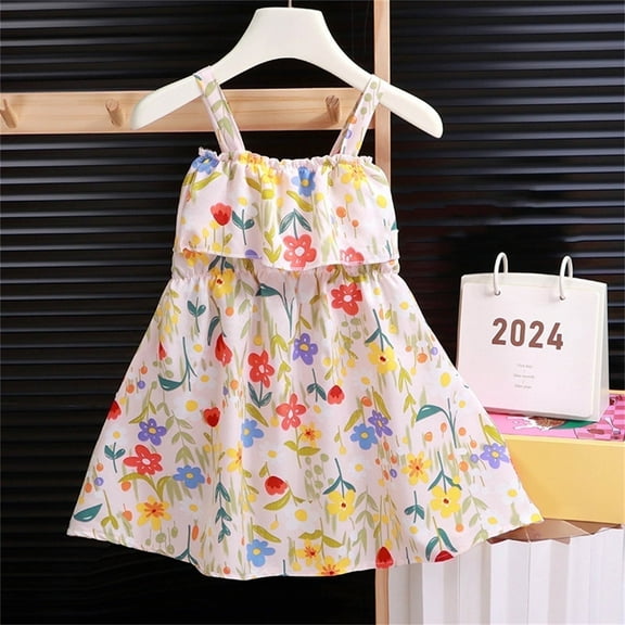Juslio Dresses Girls Round Neck Kids Flower Clothing Sleeveless Print Girls Dress