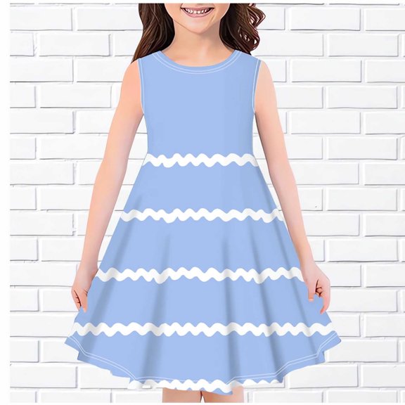 Juslio Dresses Girls Kids Clothes Sleeveless Print Little Girl Dresses 11 Years Blue