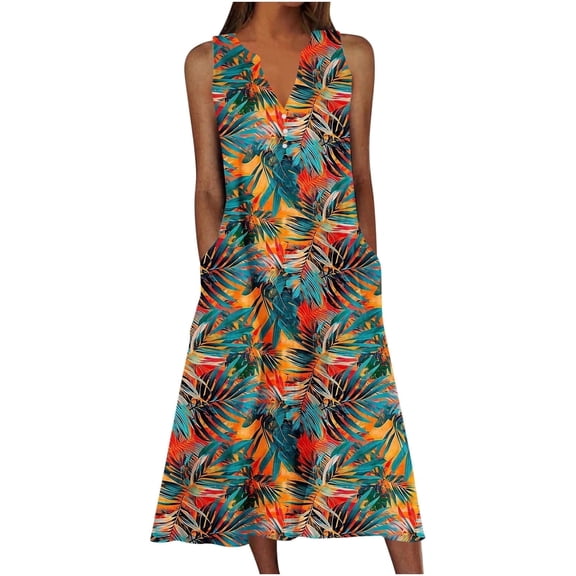 Juslio Dresses Women Plus-size Casual Sleeveless V Neck Pleated Print Dresses Women Multicolor 4XL