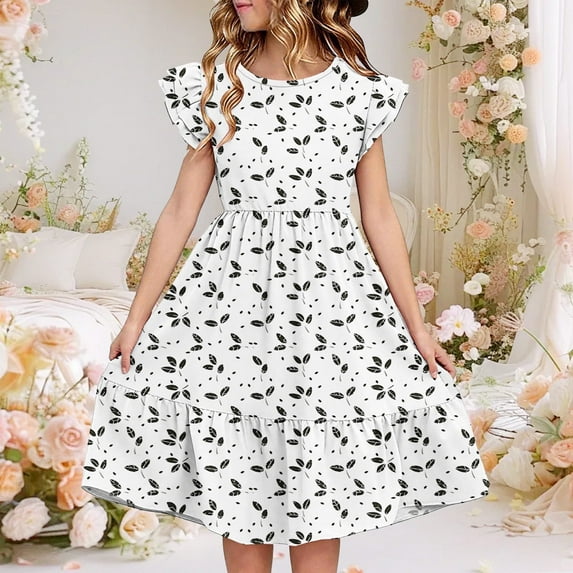 Juslio Dresses for Girls Knee Length Ruffle Sleeve Round Neck Casual Summer Beach A Line Dresses Black Sundress