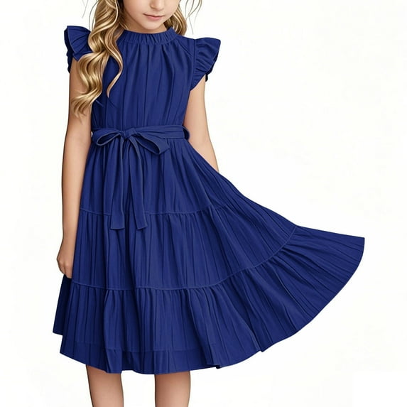 Juslio Dresses for Girls Knee Length Ruffle Sleeve Round Neck Casual Summer Beach A Line Dresses Blue Sundress
