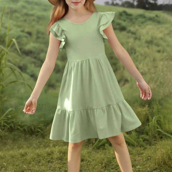 Juslio Dresses for Girls Knee Length Ruffle Sleeve Round Neck Casual Summer Beach A-line Green Sundress