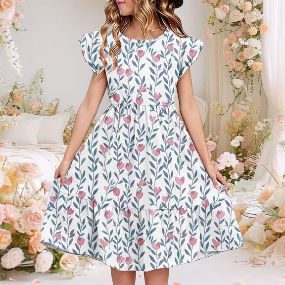 Juslio Dresses for Girls Knee Length Ruffle Sleeve Round Neck Casual Summer Beach A Line Dresses Pink Sundress