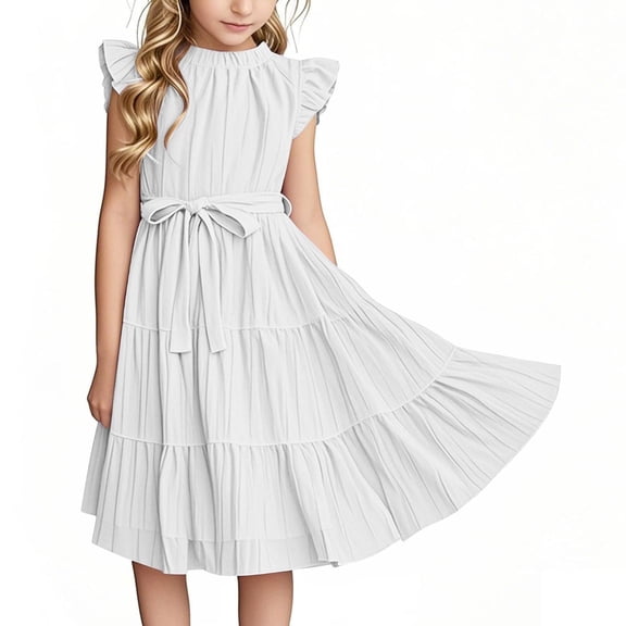 Juslio Dresses for Girls Knee Length Ruffle Sleeve Round Neck Casual Summer Beach A-line White Sundress