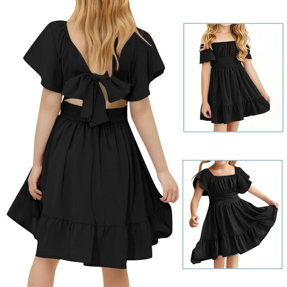 Juslio Dresses for Girls Knee Length Short Sleeve Ruched Casual Summer Beach A-line Black Sundress
