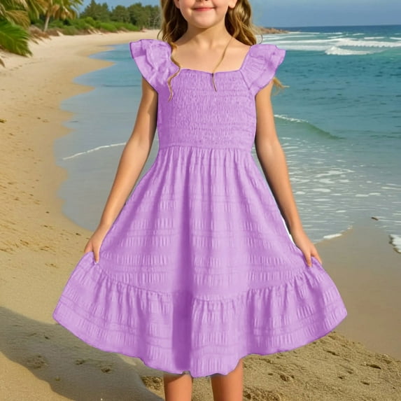 Juslio Dresses for Girls Knee Length Sleeveless Square Neckline Casual Summer Beach A Line Dresses Purple Sundress