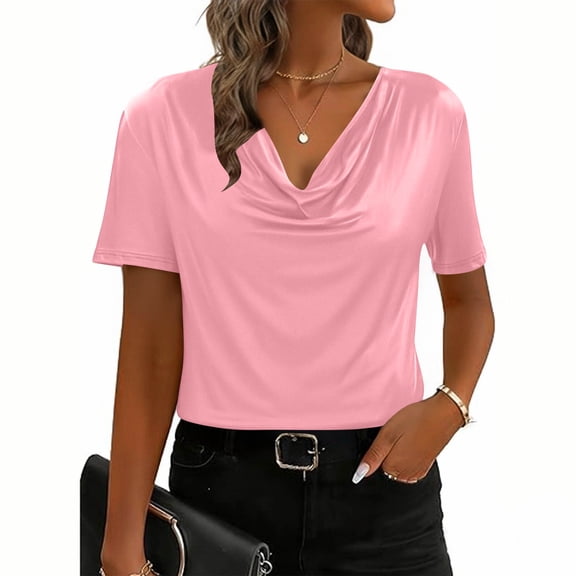 Juslio Fashion Blouses for Women Short Sleeve Casual Solid Color Cowl Neck Shirts Tops L