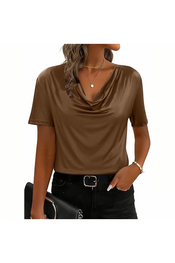 Fashion Blouses for Women Short Sleeve T Shirts Casual Solid Color Cowl Neck Shirts Tops M