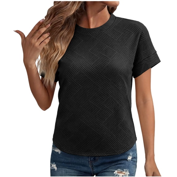 Juslio Fashion Shirts for Women Short Sleeve Casual Solid Color Crewneck Blouses Tops M
