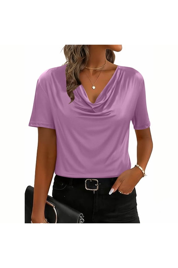 Fashion Womens Blouses Short Sleeve Casual Solid Color Cowl Neck Shirts Tops XL