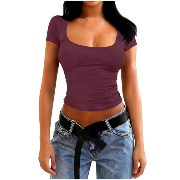 Juslio Fashion Womens Blouses Short Sleeve Solid Color Slim Crewneck Shirts Tops S