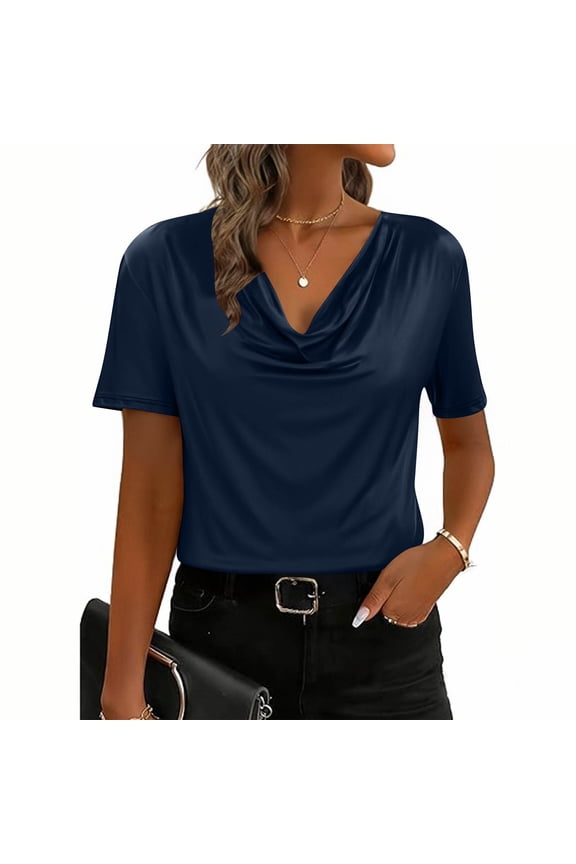 Fashion Womens Shirts Short Sleeve T Shirts Casual Solid Color Cowl Neck Blouses Tops M