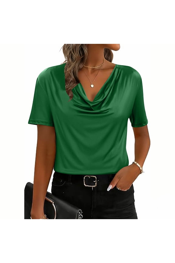 Fashion Womens Shirts Short Sleeve T Shirts Casual Solid Color Cowl Neck Blouses Tops S