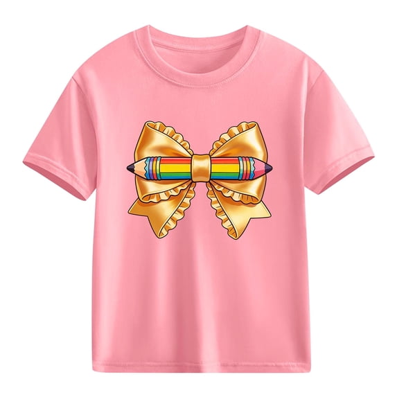 Juslio Girl Bow T Shirts Breathable Crew Neck, Casual Short Sleeved Tops Comfortable Shirts Sizes 2-18