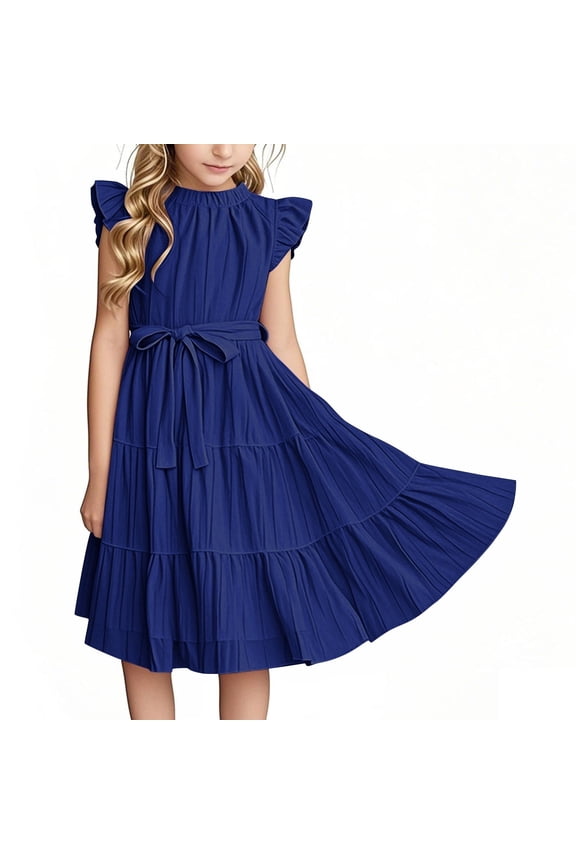 Girl Dresses Casual Ruffle Sleeve Round Neck Summer Beach A Line Dresses Knee Length Blue Sundress