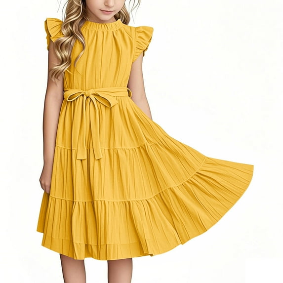 Juslio Girl Dresses Casual Ruffle Sleeve Round Neck Summer Beach A Line Dresses Knee Length Yellow Sundress