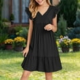 thumbnail image 1 of Juslio Girl Dresses Casual Ruffle Sleeve V-Neck Summer Beach A Line Dresses Knee Length Black Sundress, 1 of 5