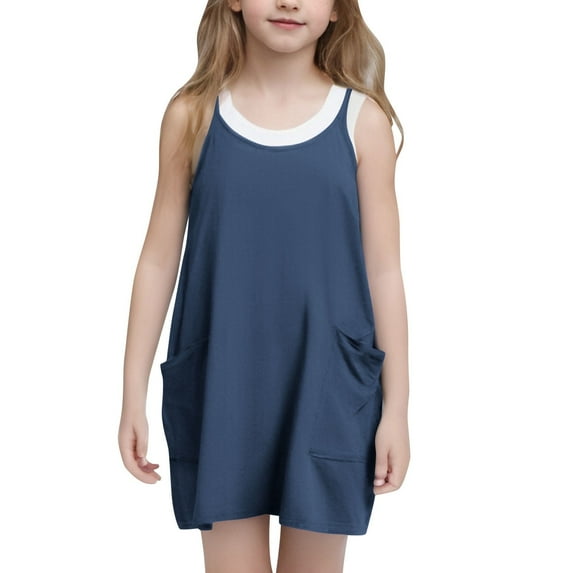 Juslio Girl Dresses Casual Sleeveless Pockets Summer Beach A-line Knee Length Blue Sundress