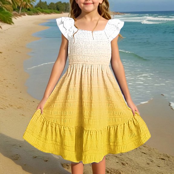 Juslio Girl Dresses Casual Sleeveless Square Neckline Summer Beach A-line Knee Length Yellow Sundress