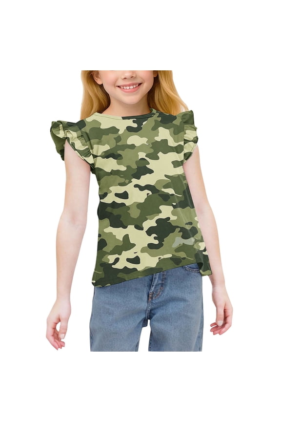 Girl Shirts Camouflage Ruffle Short Sleeve Kids Clothing Fashion Tops Casual 3-15Years T-Shirts