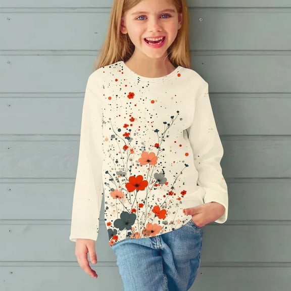 Juslio Girl Shirts Graphic Tees Long Sleeve Round Neck Print Kids Clothing Fashion Tops Casual Girls and Boys Shirts