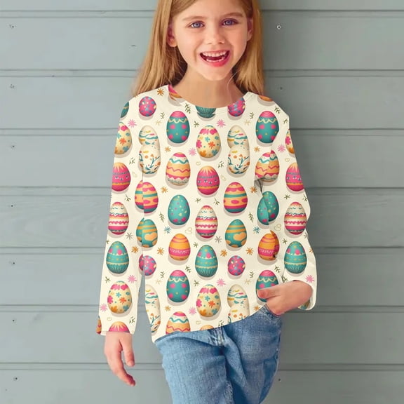 Juslio Girl Shirts Graphic Tees Long Sleeve Round Neck Print Kids Clothing Fashion Tops Casual Girls and Boys Shirts