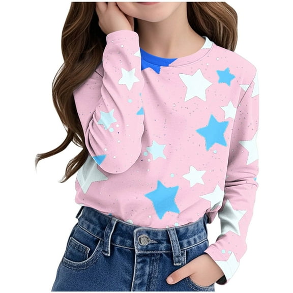 Juslio Girl Shirts Graphic Tees Long Sleeve Round Neck Print Kids Clothing Fashion Tops Casual Girls and Boys Shirts Sweatshirts