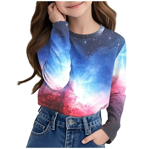 Juslio Girl Shirts Graphic Tees Long Sleeve Round Neck Print Kids Clothing Fashion Tops Casual Girls and Boys Shirts