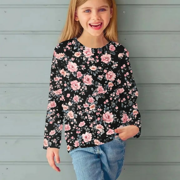 Juslio Girl Shirts Graphic Tees Long Sleeve Round Neck Print Kids Clothing Fashion Tops Casual Girls and Boys Shirts Blouses