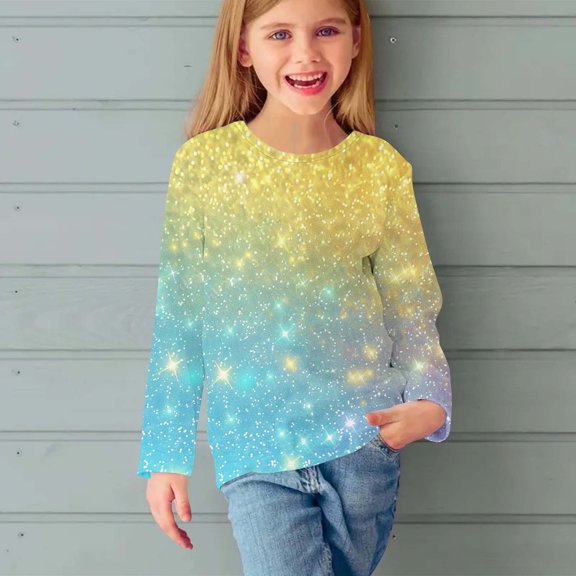 Juslio Girl Shirts Graphic Tees Long Sleeve Round Neck Print Kids Clothing Fashion Tops Casual Girls and Boys Shirts