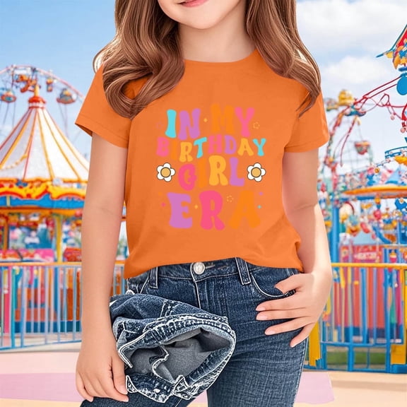 Juslio Girl Shirts Graphic Tees Short Sleeve Round Neck Print Kids Clothing Fashion Tops Casual Girls and Boys Shirts