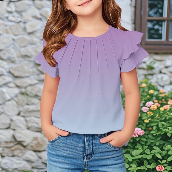Juslio Girl Shirts Short Sleeve Ruffle Round Neck Kids Clothing Fashion Tops Casual