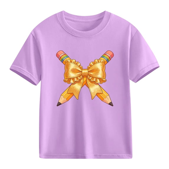 Juslio Girls Bow Shirts Casual Short Sleeved Tops, Comfortable Breathable Crew Neck T Shirts Sizes 2-18