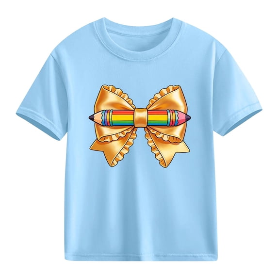 Juslio Girls Bow Shirts Short Sleeved Tops Comfortable, Breathable Crew Neck Casual T Shirts Sizes 2-18