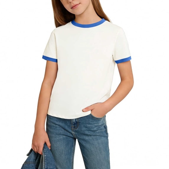 Juslio Girls Cotton Shirts Color Block Casual Short Sleeved Tops, Comfortable Breathable Crew Neck T Shirts Sizes 2-18