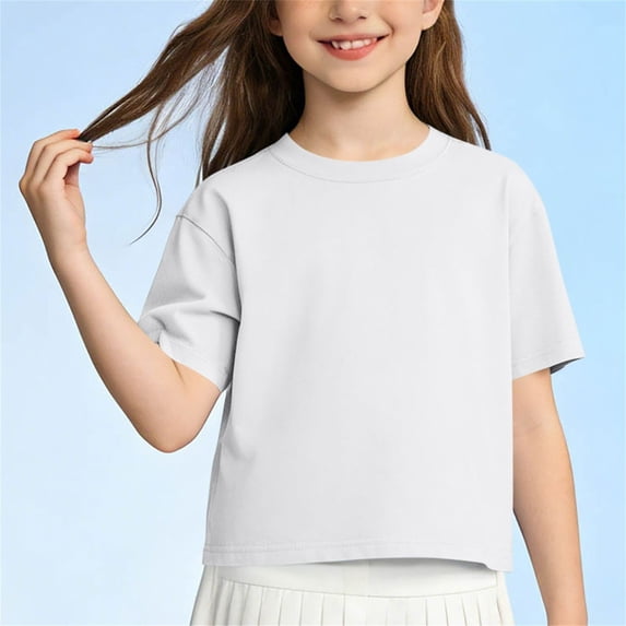 Juslio Girls Cotton T Shirts Short Sleeved Tops, Comfortable Breathable Crew Neck Casual Shirts Sizes 2-18