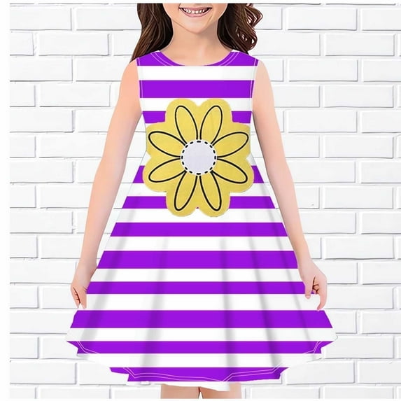 Juslio Girls Dresses Girls Kids Clothes Sleeveless Print Little Girl Dresses 7 Years Purple